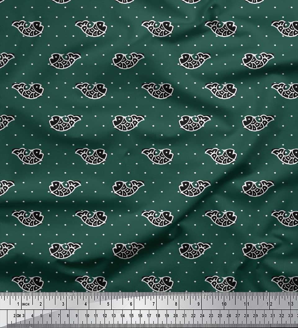 Soimoi Satin Silk Fabric Fish Block Print Fabric by The Yard 42 Inch Wide