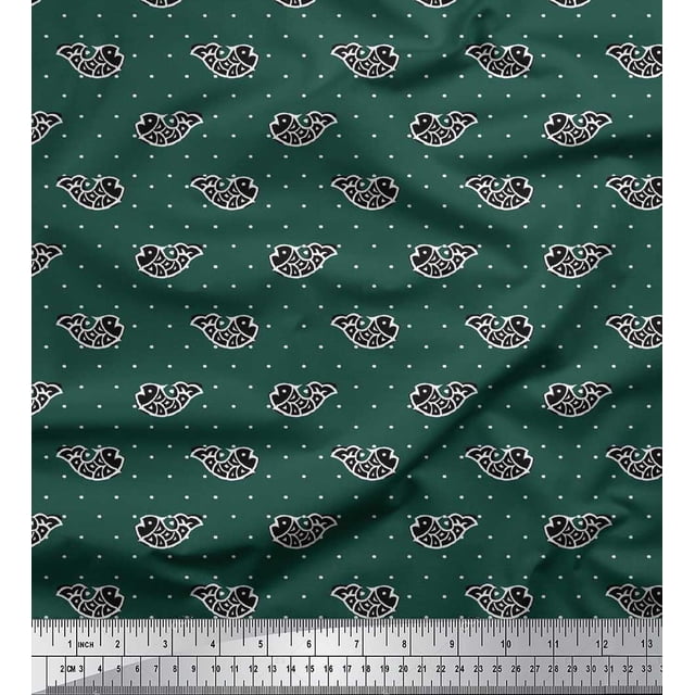 Soimoi Modal Satin Fabric Fish Block Print Fabric by The Yard 42 Inch Wide
