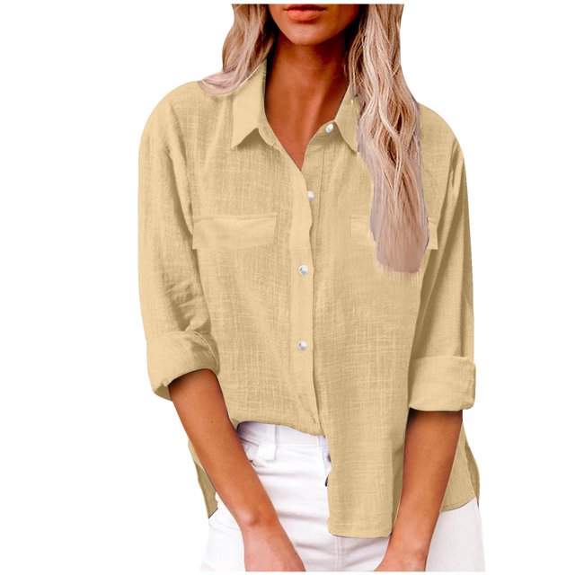 Yuyuzo Womens Button down Shirts Cotton Linen Fall Loose Casual Long Sleeve Solid Color Blouses