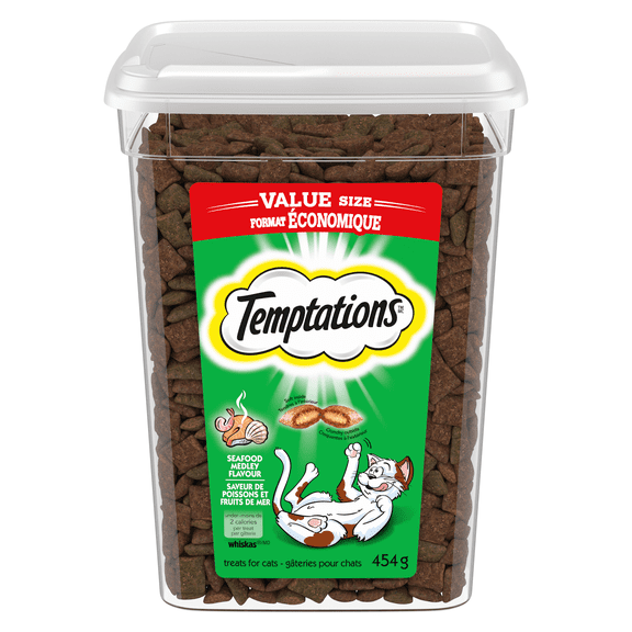 Gâteries pour chats Temptations saveur de poissons et fruits de mer, tendres à l'intérieur, croquantes à l'extérieur