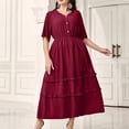 thumbnail image 5 of Ovzne Robes pour Femmes Robe de Plage Mode Grande Taille pour Femmes Couleur Unie Col Rond Manches Courtes Taille à Boucle Robe en Dentelle Robe de Vacances Manches Courtes Liquidation, 5 of 5
