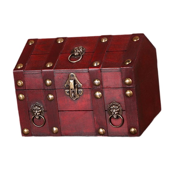 Rongfmy Pirate Treasure Chest Solid Wood Handmade Photo Props Decorative Storage Box Red