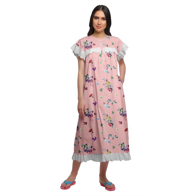 Moomaya Robe de Nuit en Coton à Bordure en Dentelle pour Femmes avec Boutons