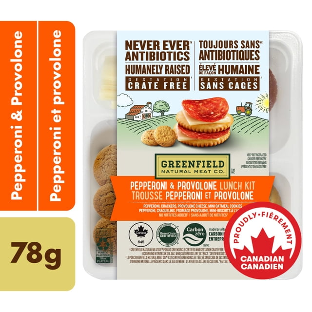 Greenfield Natural Meat Co. Trousse-Repas au Pepperoni et au Provolone 78 g Contenant du Pepperoni, du Fromage Provolone, des Craquelins et de mini Biscuits à l'Avoine dans un Plateau en Plastique Transparent, Étiqueté Sans Antibiotiques, Élevé Sans Danger, Sans Cage et Neutre en Carbone, Convient aux Repas Frais Ou aux Collations.