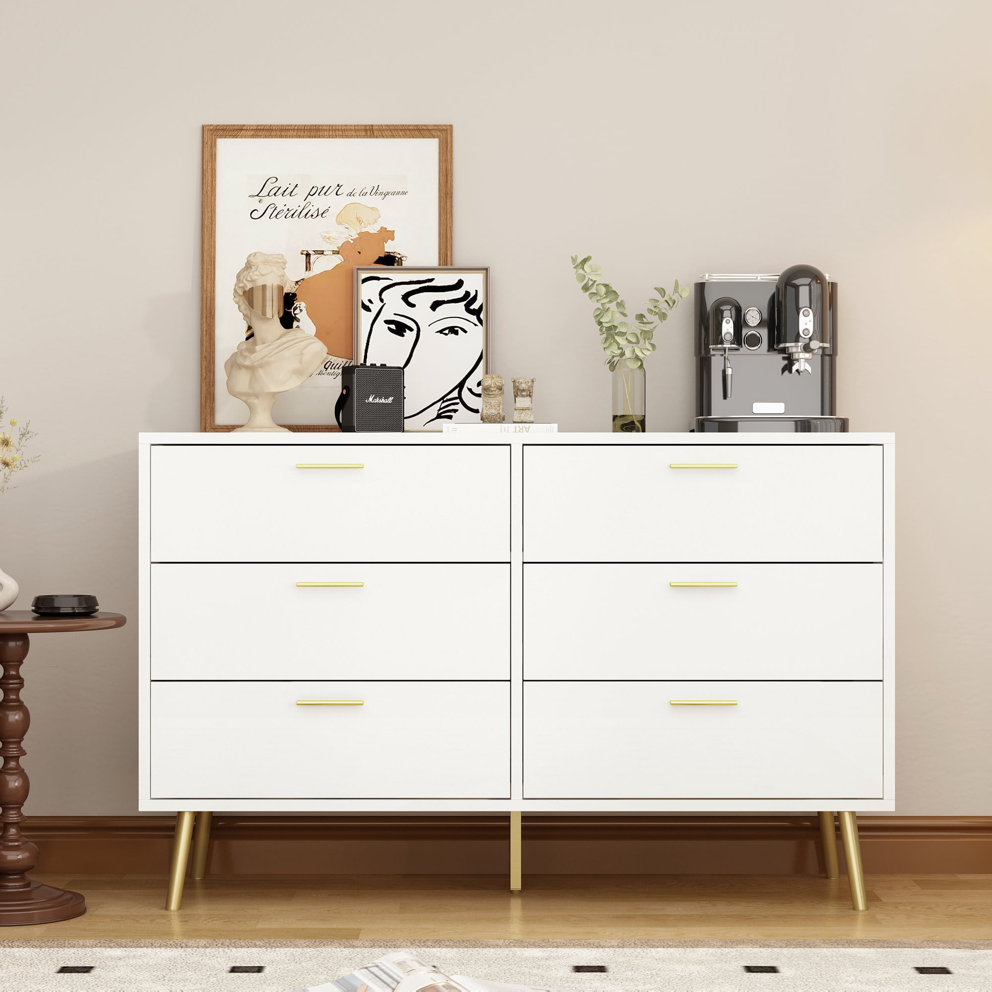 MONSLIPA 6 Wide Drawers & Metal Accents Dresser, Modern White Bedroom Storage Chest for Hallway, Entryway, or Bedroom