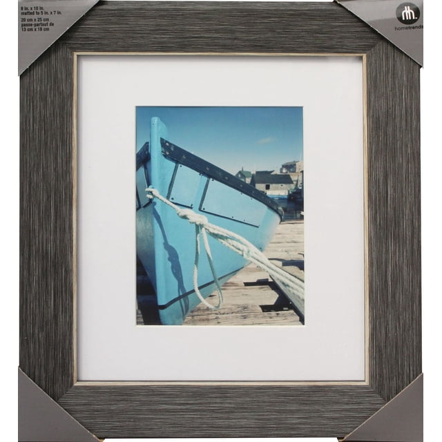 hometrends Grey Wood 8X10 Photo Frame with textured grey polystyrene finish, holding an 8x10 inch photo of a blue boat tied with white rope on a wooden dock, ready to hang vertically or horizontally or display on tabletop, ideal for home décor.