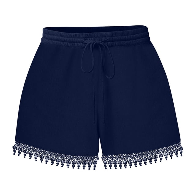 FAIWAD Women‘s Lace Trim Shorts Elastic Waist Short Pants with Pockets Drawstring Sports Solid Color Shorts
