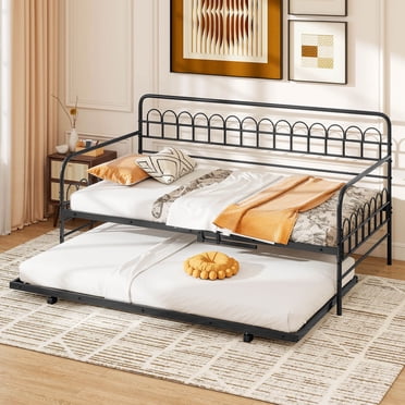 Costway Twin Daybed with Trundle Curved Backrest & Armrests Heavy-duty Metal Slats Black