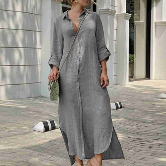 DPTALR Robe Longue pour Femmes à Manches Mi-Longues, Unie, en Lin, Ample, à Boutons