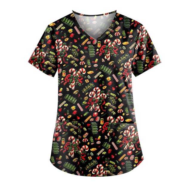 TIMIFIS Blouse d'Uniforme Imprimée de Noël pour les Fêtes, Hauts d'Uniforme Imprimés d'Halloween, Bonhomme de Neige, Manches Courtes, Col en V, Tunique de Soins Infirmiers, Blouse d'Uniforme de Travail avec Poches - Vert Armée Automne/hiver