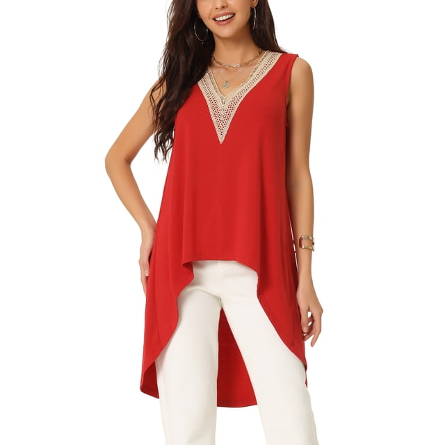 INSPIRE CHIC Hauts Asymétriques pour Femmes à Ourlet Haut-Bas Sans Manches à Col en V Ourlet Irrégulier Blouse Fluide Hauts Rouge P