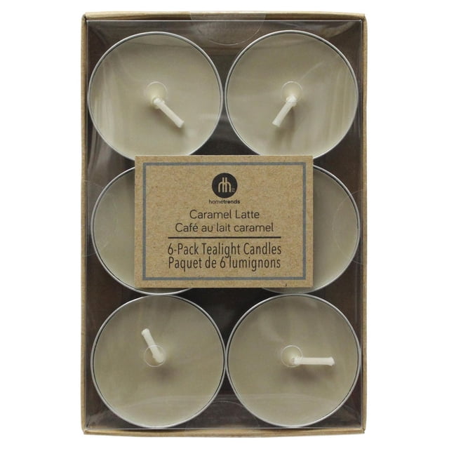 Hometrends Caramel Latte Scented 6-Pack Tealight Candles with beige wax and cotton wicks, packaged in a rectangular box with clear plastic top, providing warm ambient light and caramel latte fragrance ideal for indoor Christmas decorations.