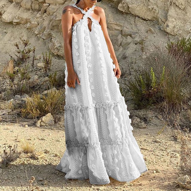 HKEJIAOI Robe Fleurie pour Femmes Robe d'Anniversaire Mode pour Femmes Bohème Col en V Ample Sans Manches Unie Mi-Mollet Économies Liquidation Blanc