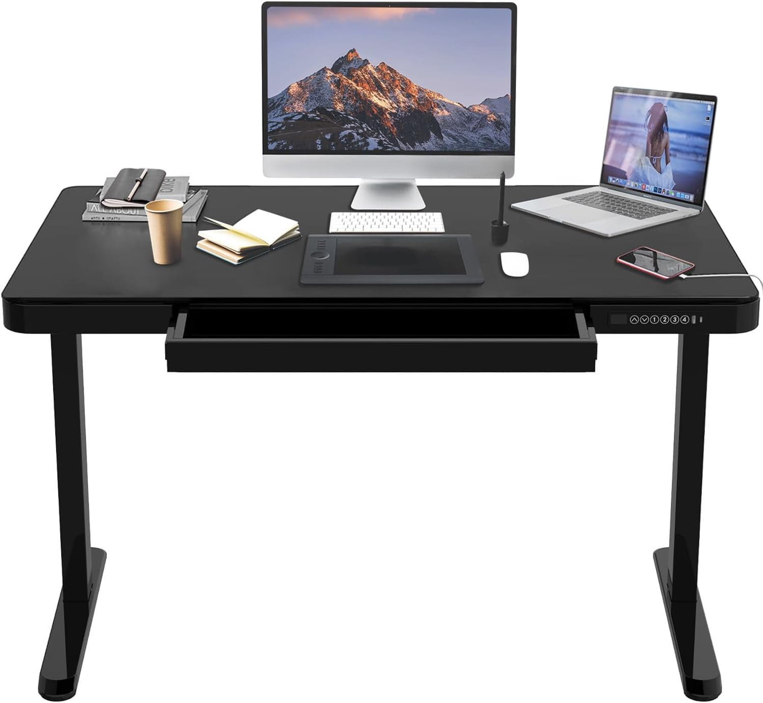 48 x 24 inch Electric Standing Desk, Height Adjustable Sit Stand Desk Computer Workstation with Storage Drawer and USB Ports for Home Office, 99lbs Capacity, 4 Memory Preset