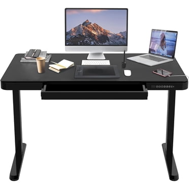 Bureau Debout Électrique 48 x 24 Pouces, Poste de Travail Informatique Assis-Debout à Hauteur Réglable avec Tiroir de Rangement et Ports USB pour Bureau à Domicile, Capacité de 99 Lb, 4 Préréglages de Mémoire