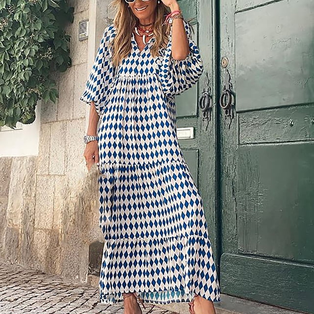 EGNMCR Robes de Fête pour Femmes Robe Maxi Décontractée à Manches Trois Quarts pour Femmes Bohème à Fleurs à Col en V Manches Courtes Bouffantes Robe de Plage à Volants Robe Longue