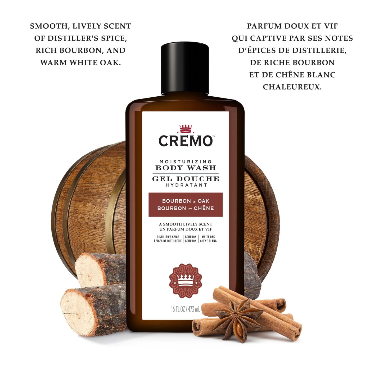 Gel douche au parfum de bourbon et de chêne de marque Cremo, 473 mL