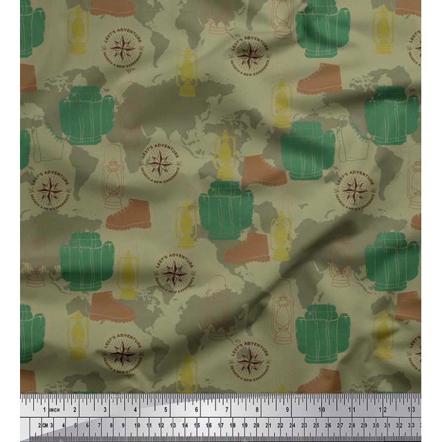 Soimoi Rayon Fabric Bag,Direction Compass & Shoes Travel Print Sewing Fabric Yard 42 Inch Wide