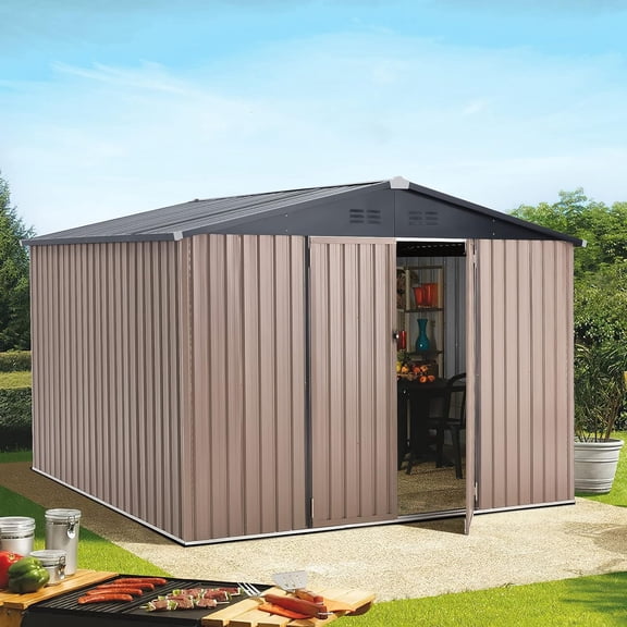 AECOJOY Abri de Rangement Extérieur 10 x 8 Pi avec Porte Verrouillable, Armoire en Métal pour Patio, Jardin, Cour Arrière, Gris