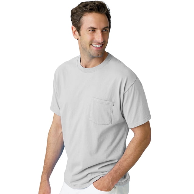 Hanes TAGLESS Men`s Pocket T-Shirt, S, Ash
