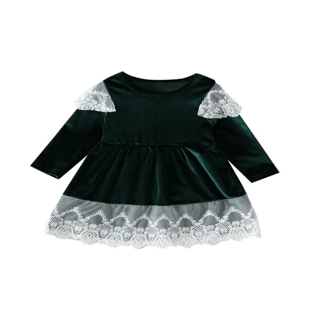 Robe en Velours de Noël pour Enfant à Manches Longues, Col Ras du Cou, Robe à Empiècements de Dentelle