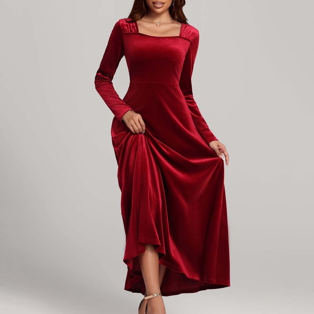 Gspmoly Robes d'Été pour Femmes, Robe Longue en Velours à Manches Longues et Col en V pour Femmes, Robe en Velours au Style Ajusté, Robe Formelle, Robes Formelles pour Femmes en Liquidation
