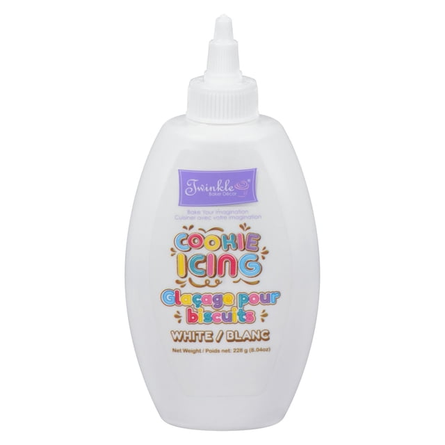 Twinkle Glaçage Blanc pour Biscuits dans une Bouteille en Plastique Blanche Refermable avec une Buse Facile à Utiliser, Étiqueté en Anglais et en Français comme Glaçage Blanc pour Biscuits Pesant 228 g (8,04 oz), Sans Arachides, Sans Noix et Sans gluten, Idéal pour Décorer les Biscuits et les Produits de Boulangerie.