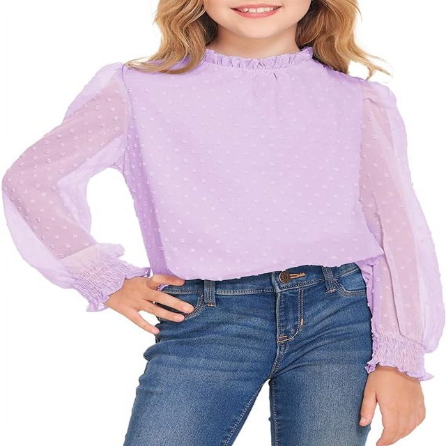 Pull-Over Blanc à Manches Longues pour Filles avec Manches à Volants Pois Suisses Haut Blouse Col Rond 5-12 Ans