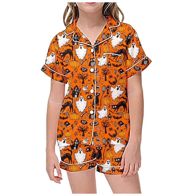 WEAIXIMIUNG Children's Leisure Printed Button Collar Short Sleeved Top Shorts Pajama Set 8-9 Years
