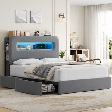 Homfa Queen Size Linen Upholstered Bed with LED Lights & 2 Drawers， Storage Headboard Platform Bed Frame with USB Ports & Outlets, Grey