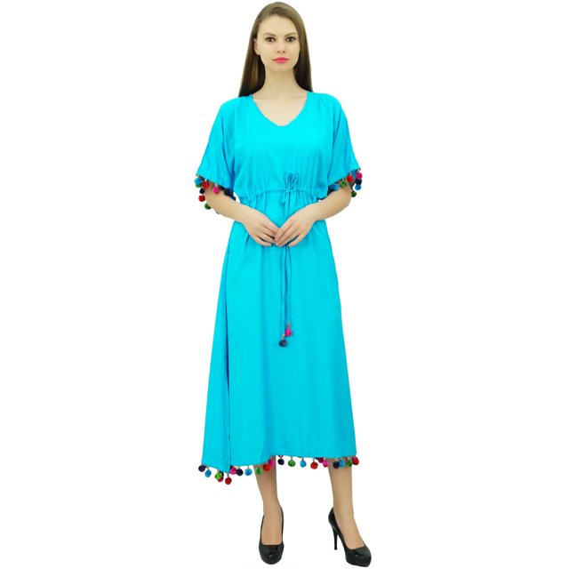 Bimba Robe Kaftan Longue en Rayonne pour Femme avec Pompon, Designer Chic, Maxi Caftan
