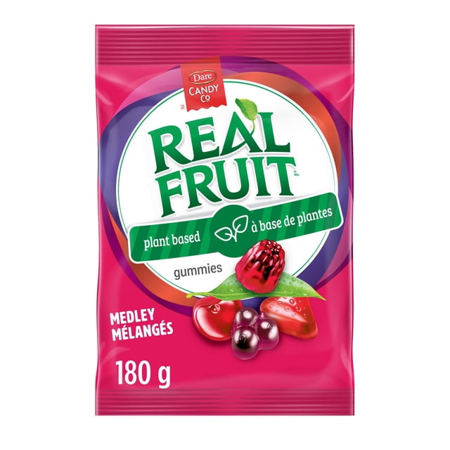 Dare RealFruit Gummies Medley 180g bag featuring plant-based multicolour fruit-flavored gummies including cherry, strawberry, raspberry, and blueberry, with bilingual English and French text on bright pink packaging suitable for vegan and gluten-free diets.