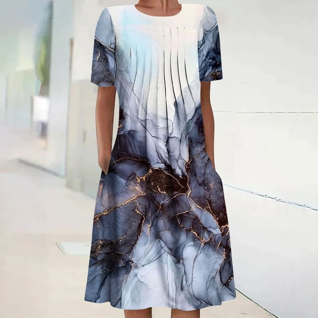 Robe Maxi d'Été pour Femme, Robe d'Été Bohème à Imprimé, Manches Courtes, Robe de Plage, Robe Longueur Genou, Robe à Manches Courtes en Liquidation