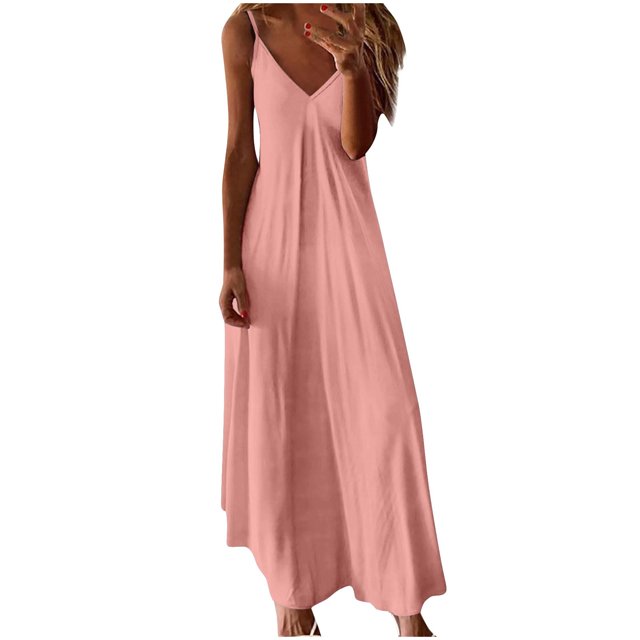 LOVZFMLL Robes d'Été pour Femmes 2025 Décontractées Amples à Bretelles Spaghetti à Col en V Robes Maxi Évasées Fluides de Plage Vacances Robes d'Été Rose P