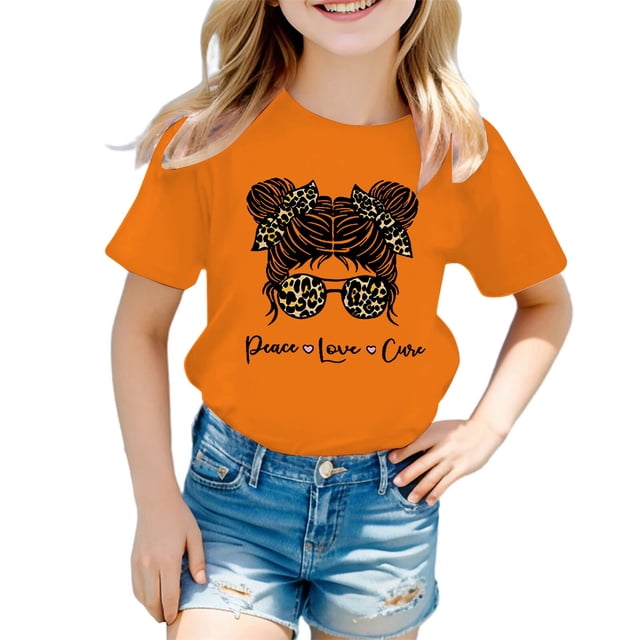 LUOGENLI T-Shirt pour Filles Enfant Filles Mignon Graphique Col Rond Manche Courte Tee Été Décontracté T-Shirt Chemises pour Filles Midi Chemises Crayon Orange 5-6 Ans
