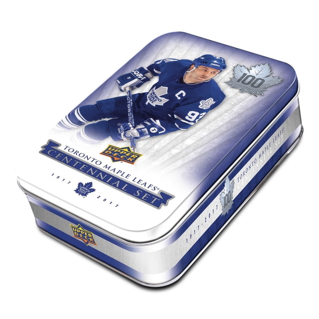 Upper Deck 2017 Toronto Maple Leafs Centennial Tin is a blue and white metal collector's box featuring a printed image of a hockey player wearing number 93 and captain's C, holding a hockey stick. It commemorates the franchise's 100th anniversary with a silver maple leaf emblem and 'Centennial Set 1917-2017' text, suitable for NHL fans and collectors.