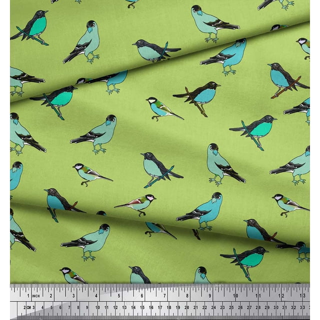 Soimoi Green Poly Georgette Fabric Artistic Bird Fabric Prints By Yard 42 Inch Wide