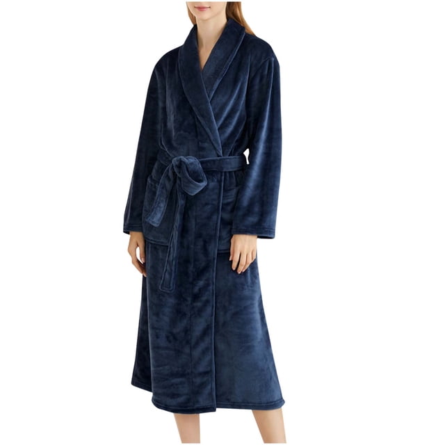 Womens Soft Warm Robe, Fleece Thick Long Sleeve Bathrobe, Unisex Fall Winter Flannel Pajamas Robes with Pockets Navy L