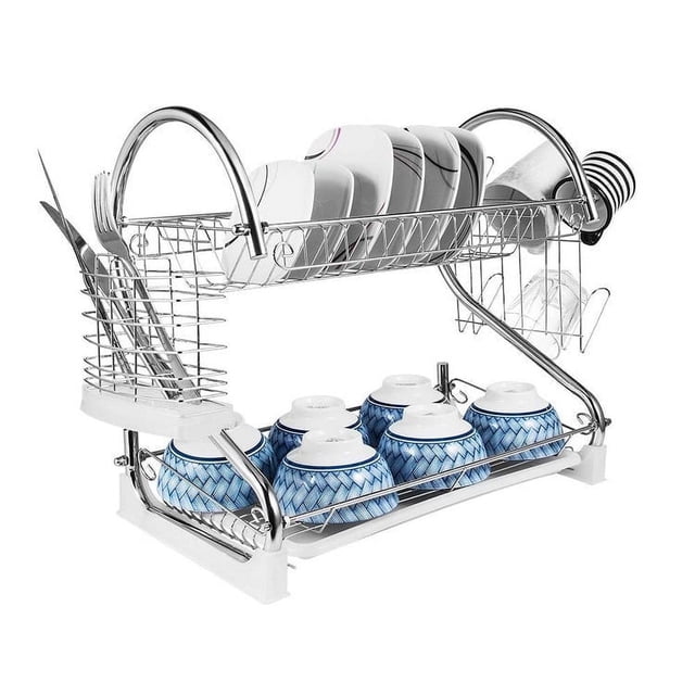 DEBGFS Dish Drying Rack 2 Tier Dish Drainer with chrome-plated finish, featuring a removable drain board and utensil holder. Designed for kitchen organization, the dual-layer rack holds plates on the top tier and bowls on the bottom tier, saving space and keeping countertops neat. Non-slip base ensures stability, ideal for compact kitchens.