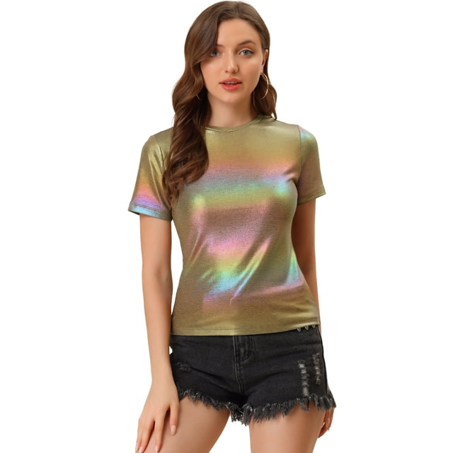 INSPIRE CHIC Women's Party Metallic Textured Short Sleeve Shiny Multi Color Top