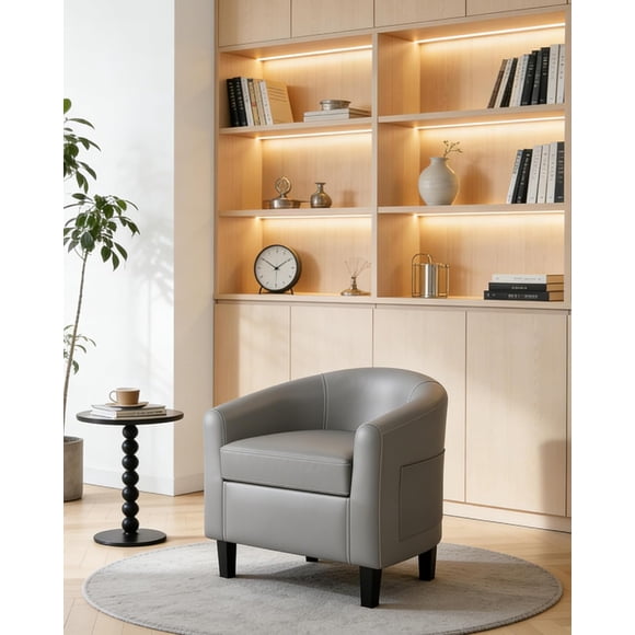 Accent Chair Faux Leather Barrel Chairs Club Armchair with Soft Seat for Living Room Bedroom Reading Waiting Room - Grey
