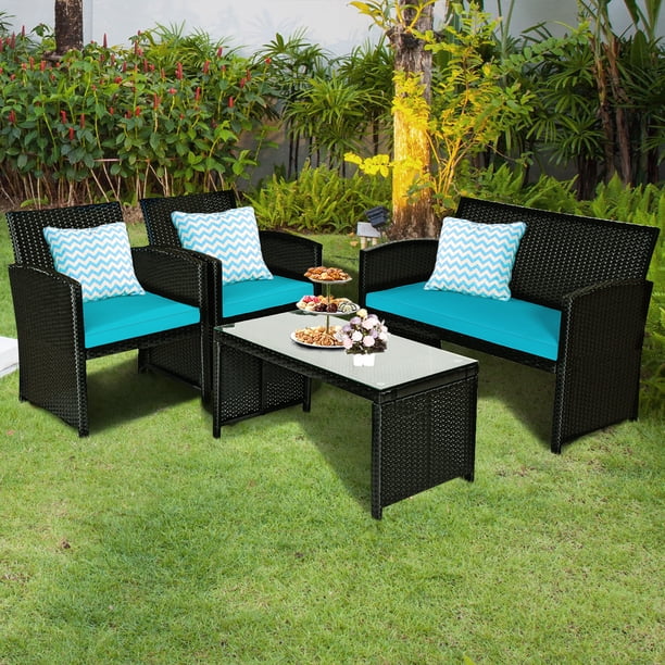 Patiojoy 4 Piece Outdoor Patio Rattan Furniture Set Turquoise