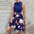thumbnail image 1 of HKEJIAOI Robe Fleurie pour Femmes Robe d'Anniversaire Mode pour Femmes Col Rond Sans Manches Taille Haute Imprimée avec Nœud Robe Trapèze Économies Liquidation Bleu Marine, 1 of 3