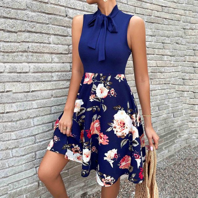 HKEJIAOI Robe Fleurie pour Femmes Robe d'Anniversaire Mode pour Femmes Col Rond Sans Manches Taille Haute Imprimée avec Nœud Robe Trapèze Économies Liquidation Bleu Marine