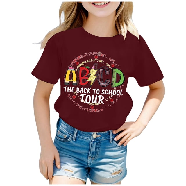 AWZXDE Hauts pour Filles Enfants Rentrée des Classes T-Shirt Graphique à Manches Courtes Col Rond Lumineux Confortable pour Garçons et Filles