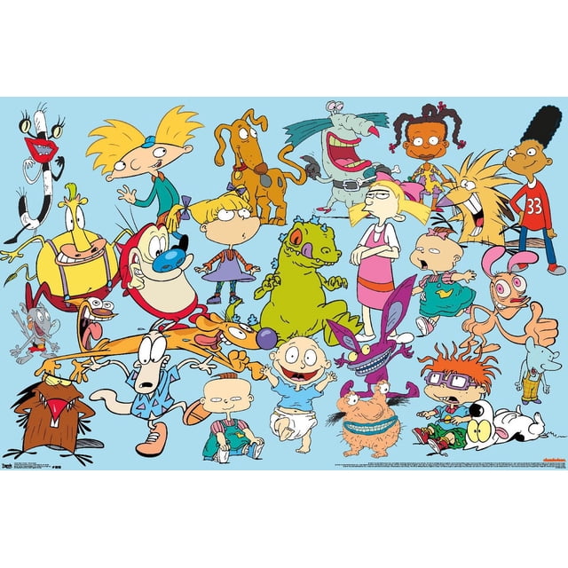 Affiche Murale de Personnages Nickelodeon, 14,725 Po x 22,375 Po Encadrée, Présentant un collage vibrant de Personnages de Dessins Animés Nickelodeon Classiques Incluant Arnold de Hey Arnold!, Ren et Stimpy, Rugrats babies, CatDog et Rocko sur un Fond Bleu Pâle, Parfait pour la Déco de Chambre d'Enfants Ou de Chambres.