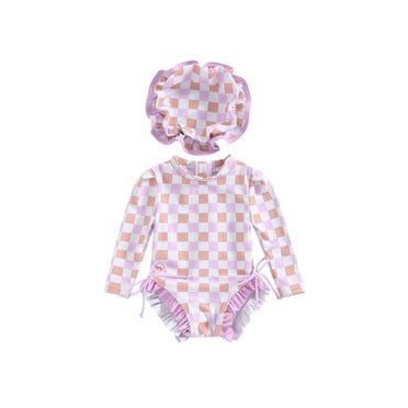 Wangsaura Newborn Girl Rash Guard Swimsuit Long Sleeve Floral/Ice Cream Print Bathing Suit Infant Swimwear with Sun Hat