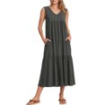thumbnail image 1 of Wo-Fusoul Robe d'Été pour Femmes, Jupe à Col en V Plissée avec Poches, Robe Maxi de Plage Unie en Coton et Lin, Jupe Longue, 1 of 8
