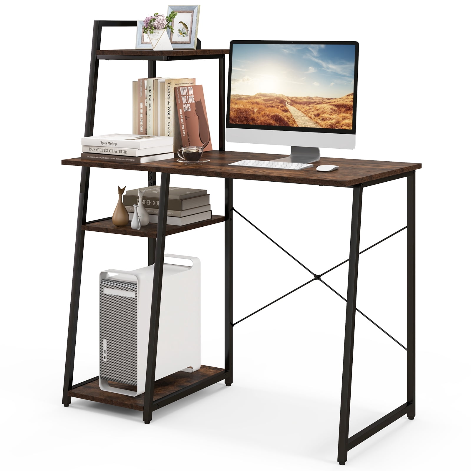 Patiojoy Computer Desk w/ 3-tier Storage Shelf Home Office Desk Writing Desk w/ CPU Stand Modern Metal Frame PC Desk