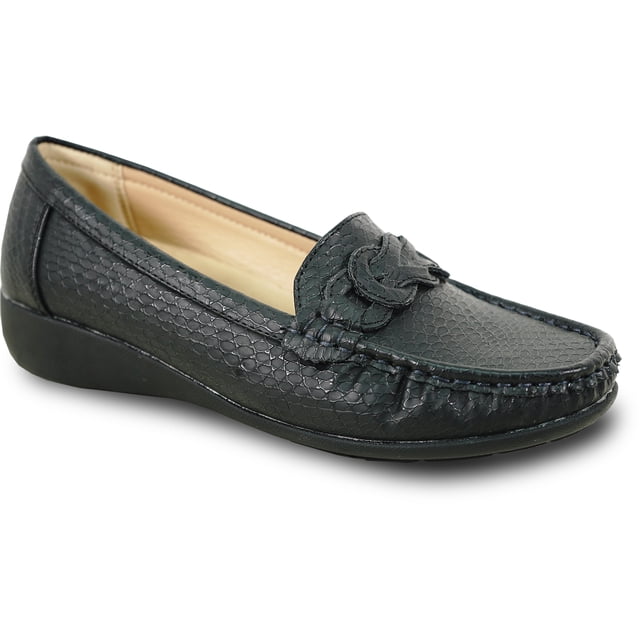 kozi Femme Confort Décontracté Chaussure Compensée à Enfiler Mocassin ML3256 Bout Rond Détail Chaîne Semelle Intérieure Amovible Noir Taille 9.5